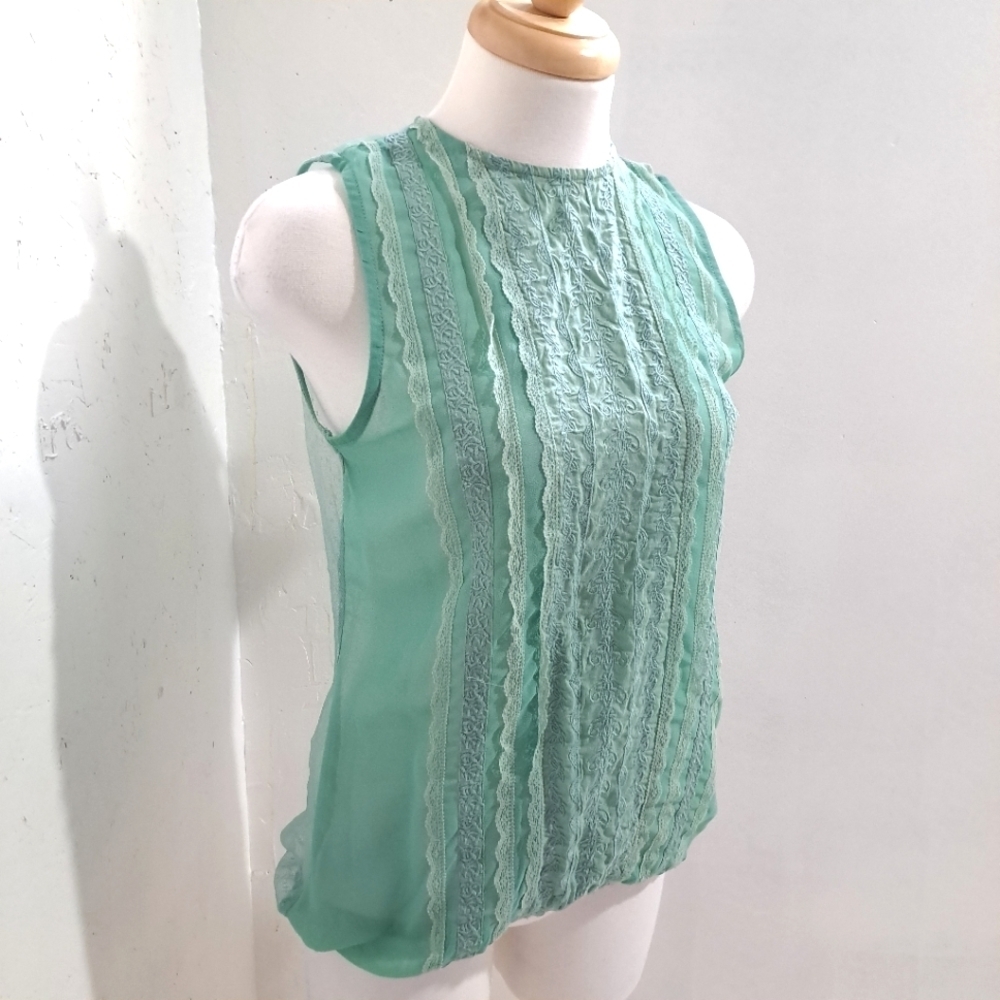Temperance | Mint green sheer lace sleevless womens blouse